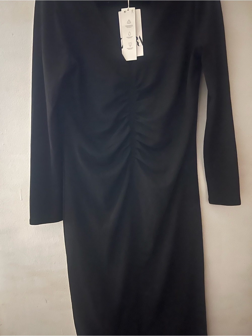 Zara Black Long-Sleeve Ruched Midi Dress